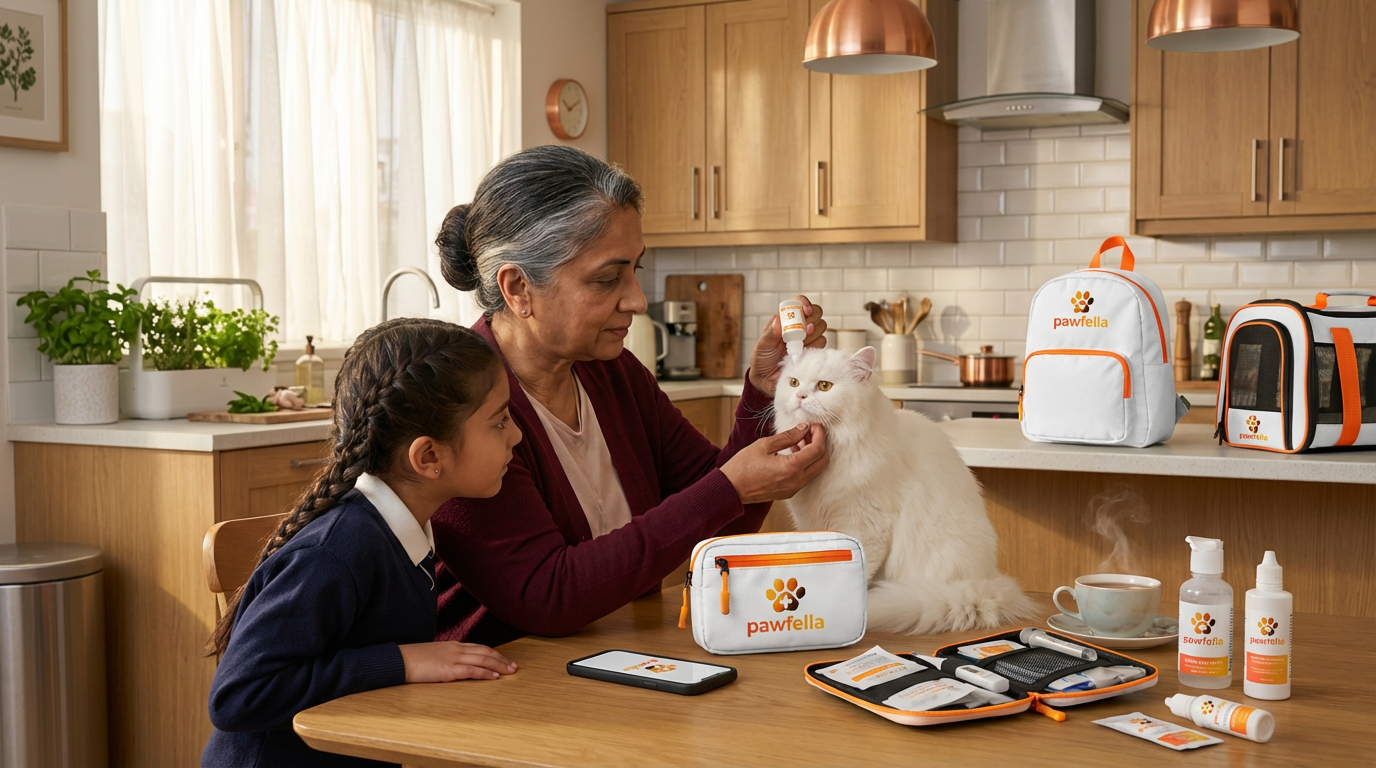 Family caring for their cat at home with the Pawfella kit